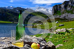 Green bottle and glass of natural Asturian cider made fromÂ fermented apples with view on Covadonga lake and tops of Picos de